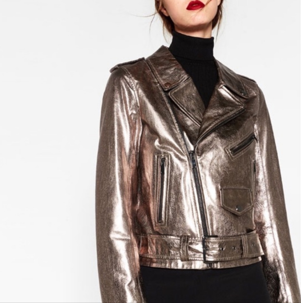 Zara gunmetal metallic leather jacket